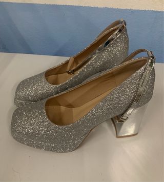 Zapatos tacón plata glitter -talla 38