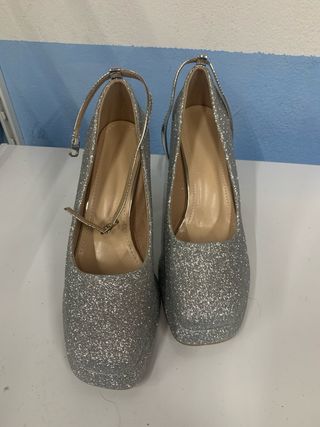 Zapatos tacón plata glitter -talla 38