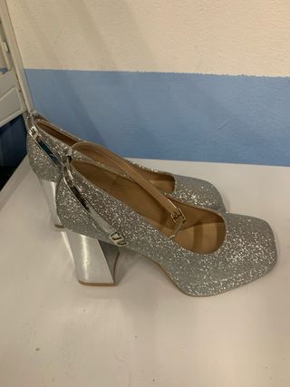 Zapatos tacón plata glitter -talla 38
