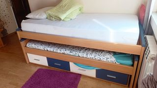 Cama nido juvenil con cajones - marrón y azul