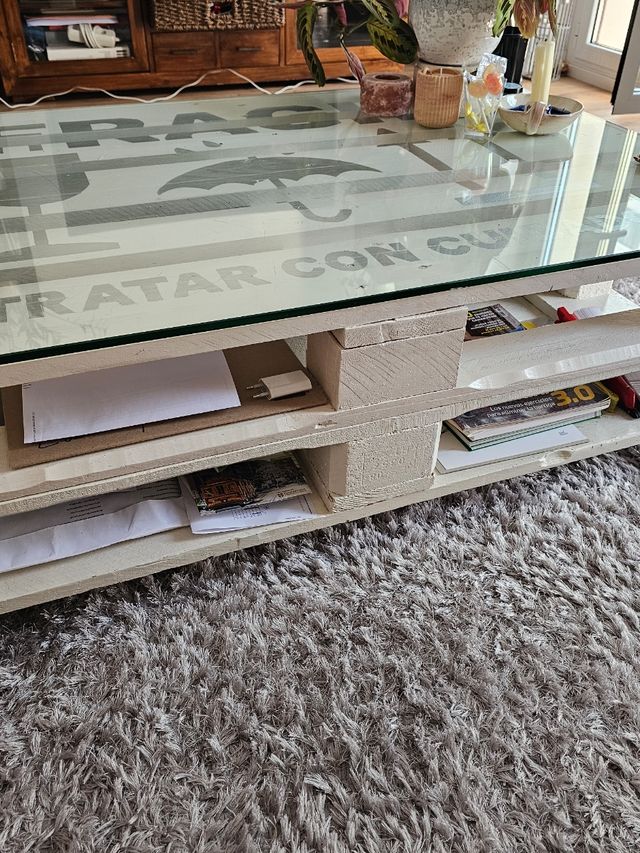 Mesa centro palets - Blanco con ruedas,inc cristal