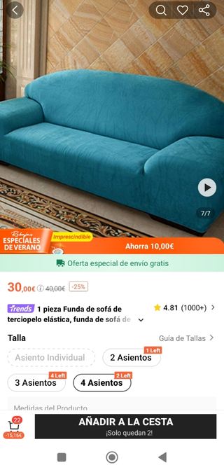 2 Fundas sofá 4 plazas elástica efecto terciopelo 