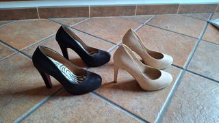 Zapatos tacón alto beige y negros - 37