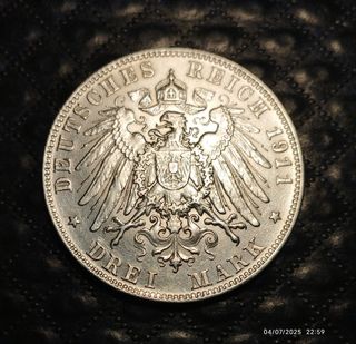  3 marcos,  plata Imperio Alemán 1911 "D" II Reich