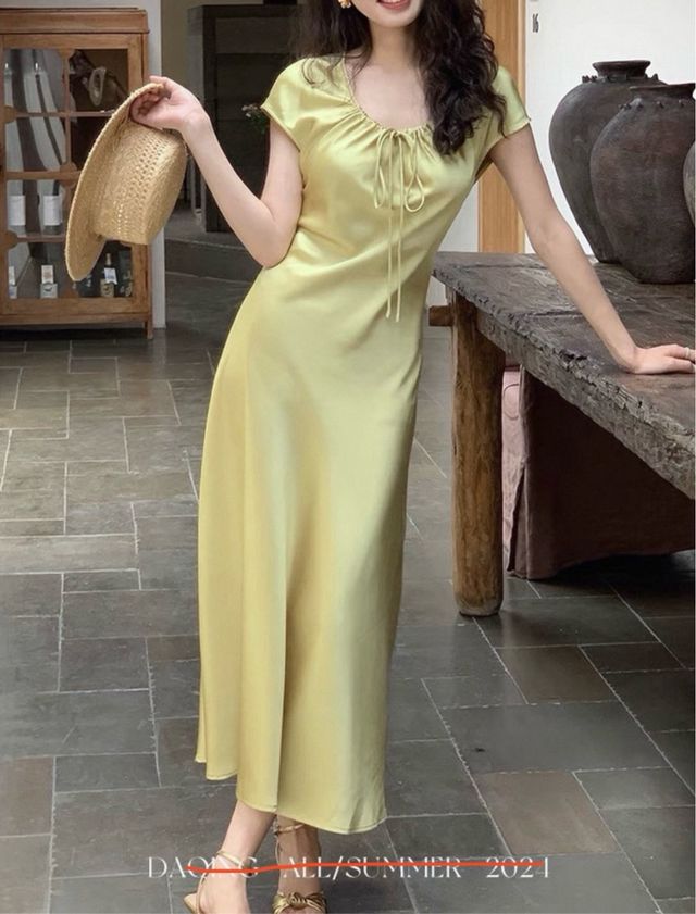 abito giallo verde raso seta dritto lungo S