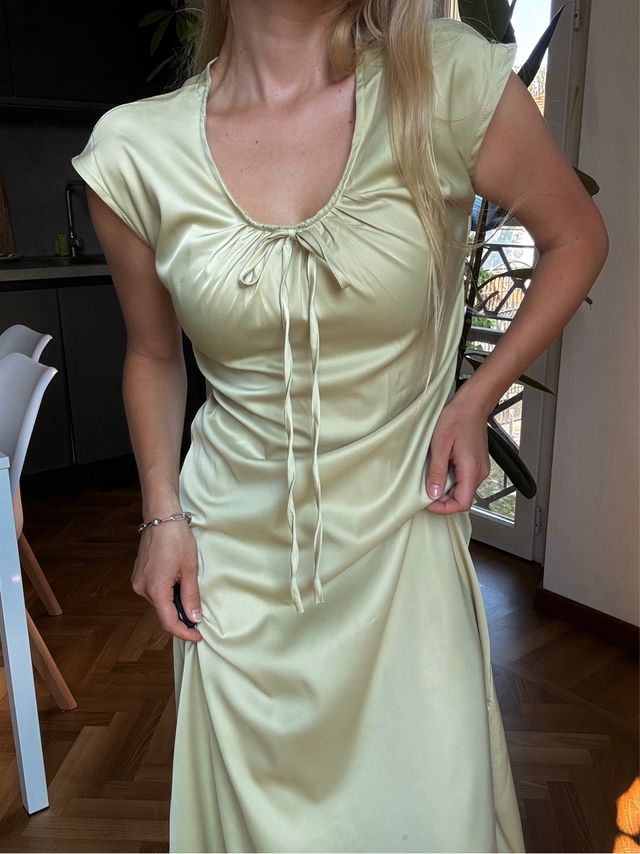 abito giallo verde raso seta dritto lungo S