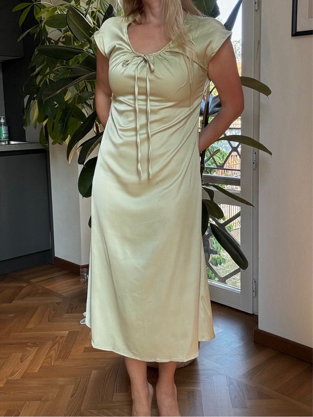 abito giallo verde raso seta dritto lungo S