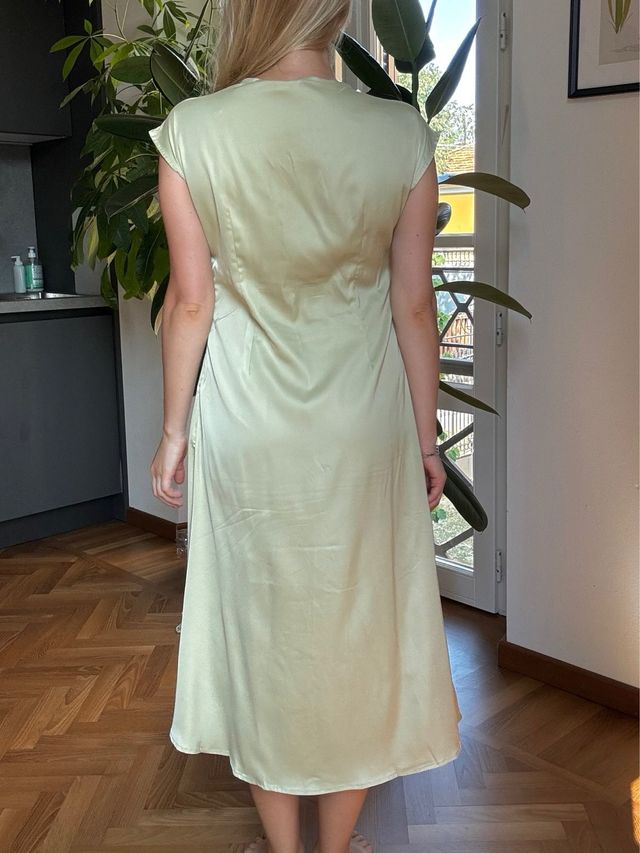 abito giallo verde raso seta dritto lungo S