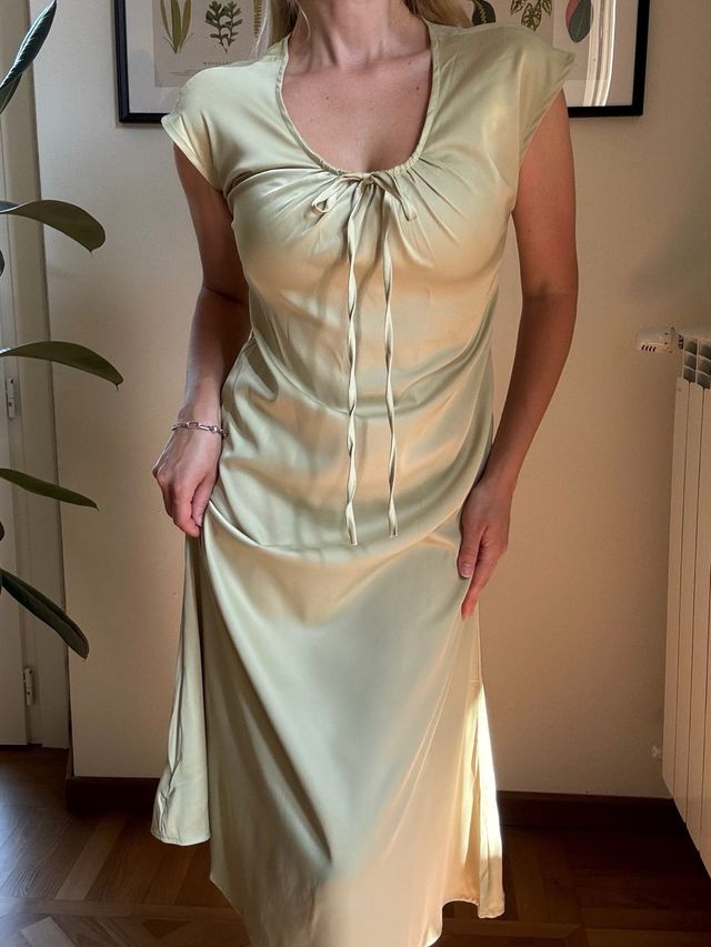 abito giallo verde raso seta dritto lungo S