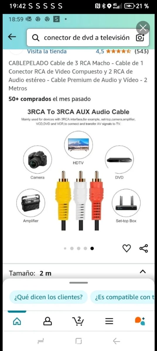 Cable RCA conector TV y DVD 3x Macho - 125 y 200cm
