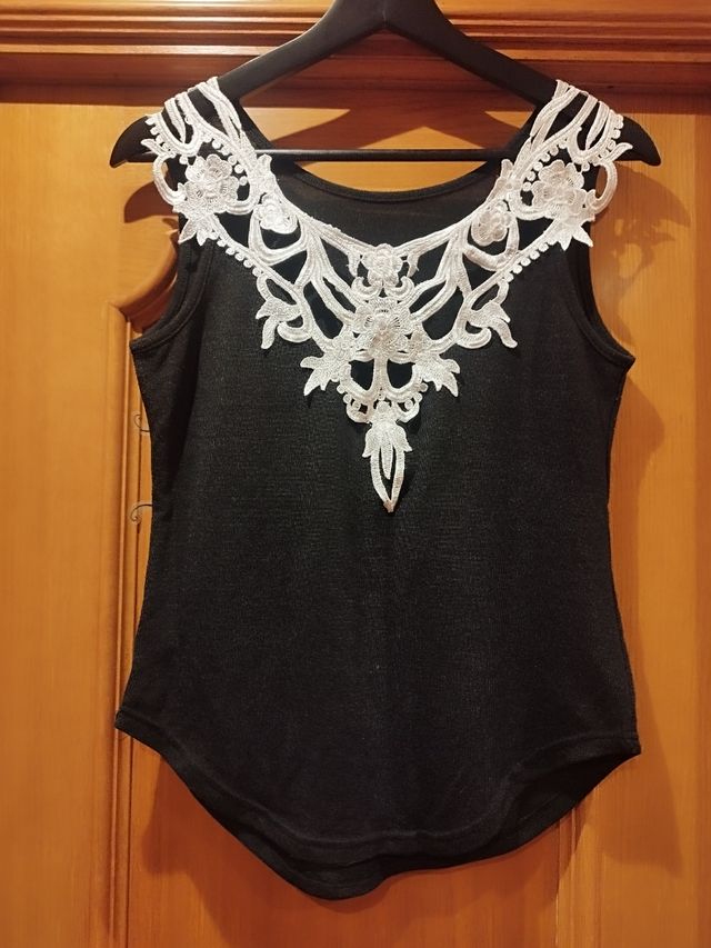 Camiseta negra encaje blanco - Talla única