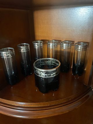 Juego vasos cubitera cristal azul y plata