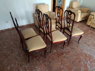 Sofá 3 plazas + 2 sillones beige + 6 sillas