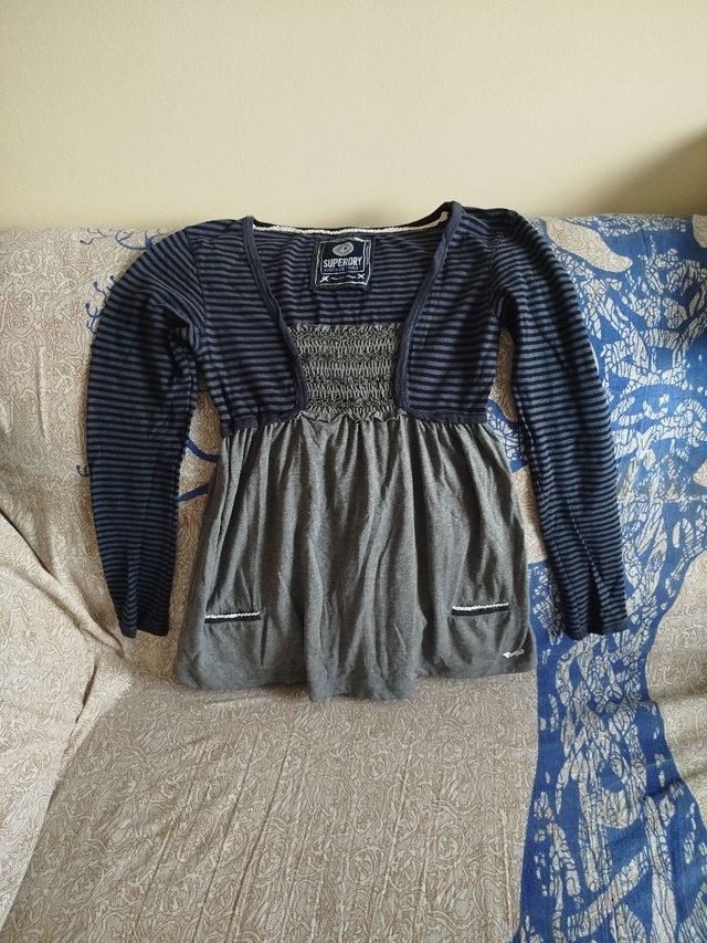 Superdry - Camiseta rayas azul gris