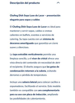 Sopera Lacor Luxe
Chafing dish 11 litros