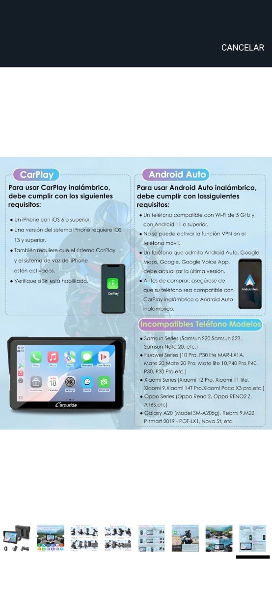 Pantalla moto CarPlay/Android Auto inalámbrico