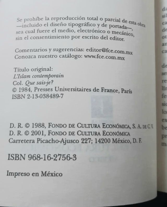 LIBRO ANTIGUO EL ISLAM CONTEMPORÁNEO 1988