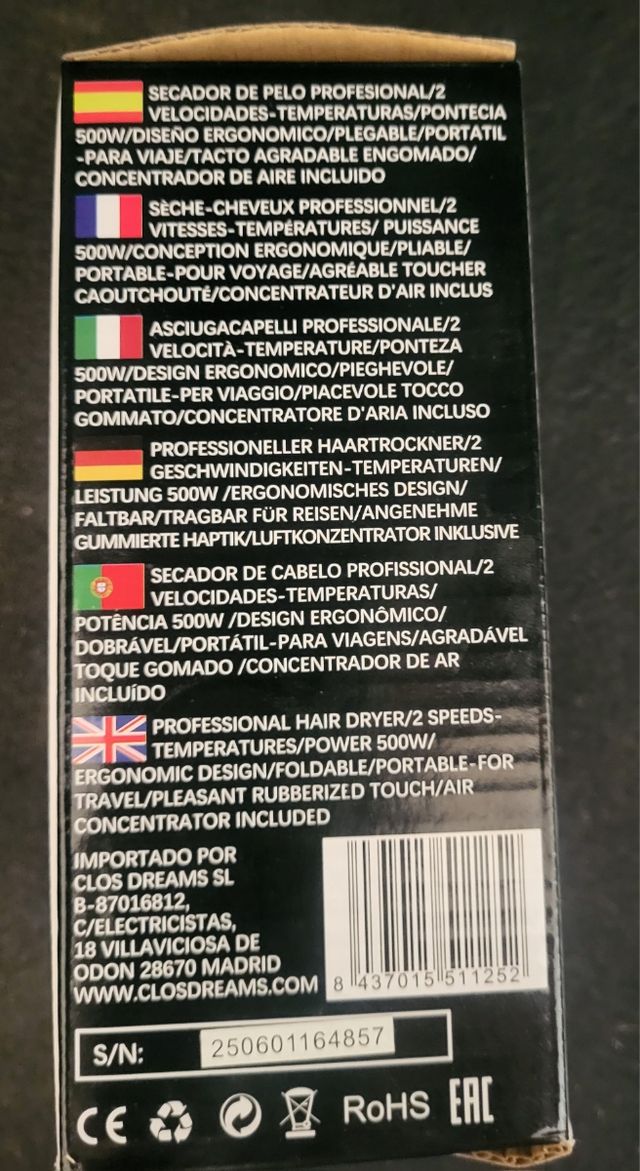 Secador Pelo Profesional Euro Life SEC-25PROB