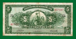 Billete 5 Soles Oro Perú 1968 - VF