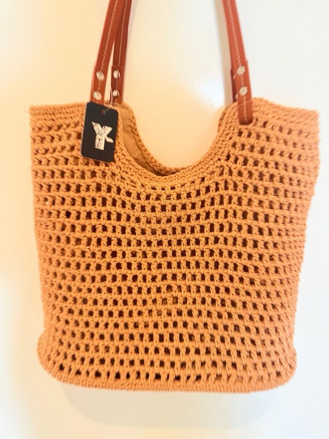 Bolso crochet beige-marrón 62 alto 38 de lado a l