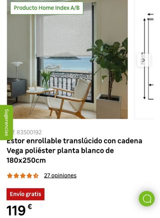 Estor enrollable blanco 180x250cm