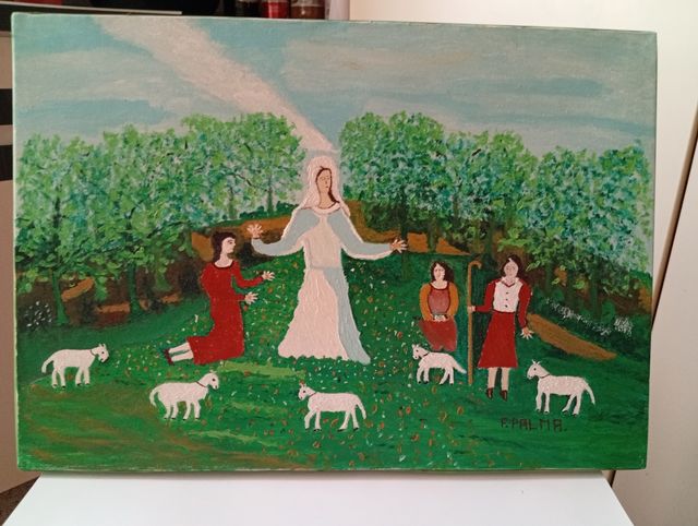 Quadro Naif Ispirato alla Madonna di Fatima. 35x50