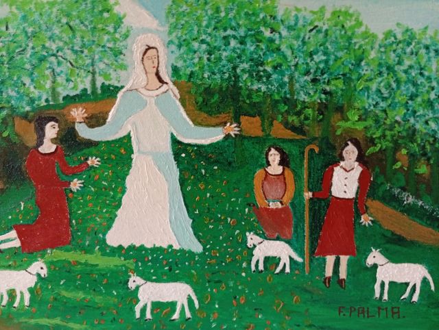 Quadro Naif Ispirato alla Madonna di Fatima. 35x50