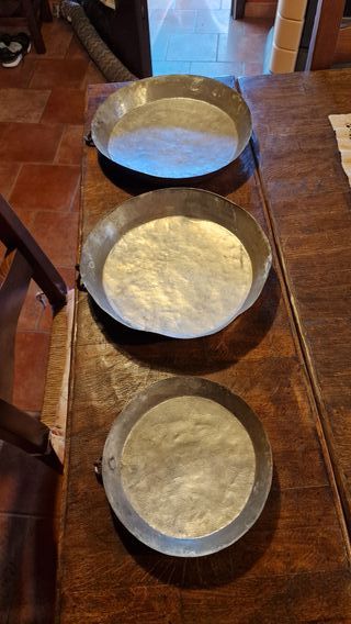 3 Padelle in rame stagnate vintage