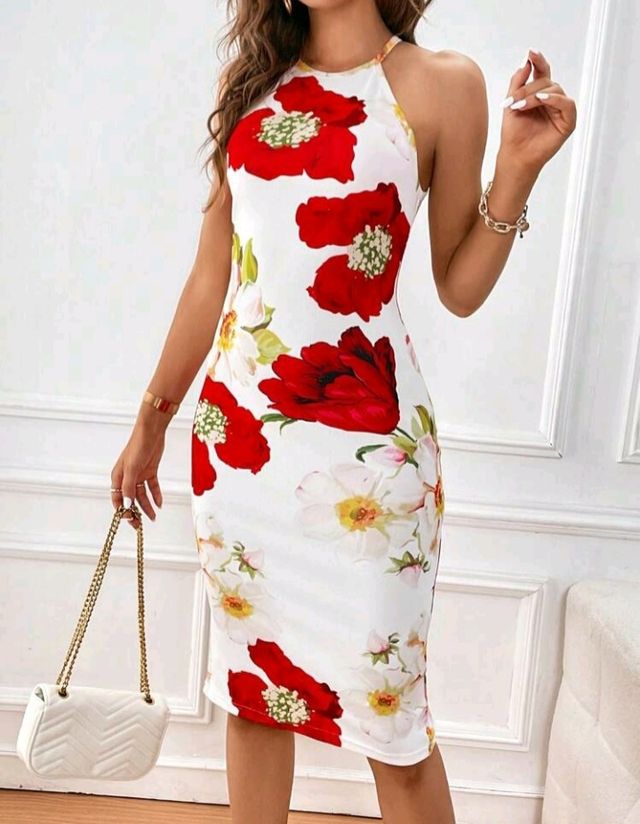 Vestido midi floral rojo y blanco. Se hace envío.