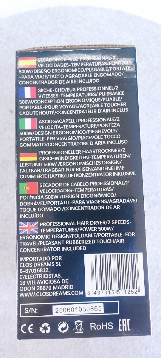 Secador Pelo Plegable Euro Life