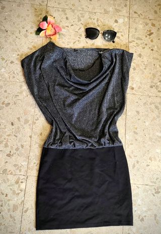 Vestido fiesta brillo plata-negro