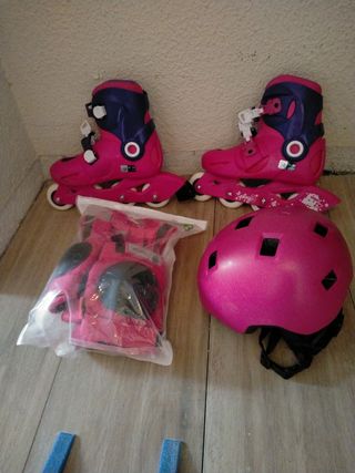 Patines infantiles rosa + protecciones talla 32-34