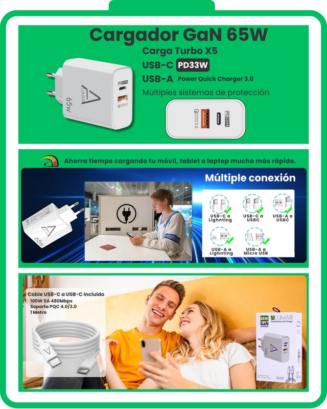 Cargador ALUMAR GaN 65W + Cable