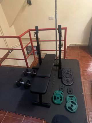 Banco press banca + mancuernas + suelo