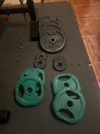 Banco press banca + mancuernas + suelo