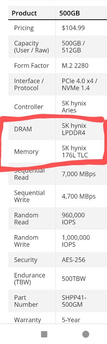SK hynix 500GB PCIe NVMe 4.0 con DRAM 7000mbps