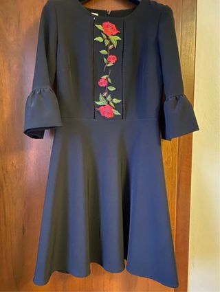 Vestito nero maniche 3/4 fiori