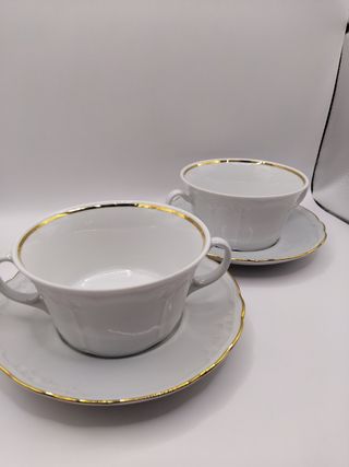 🇩🇪 2 Tazas Consomé Porcelana Dorada