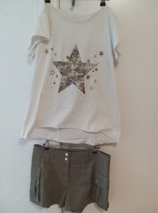 Pack shorts y camiseta - Verde oliva y blanco