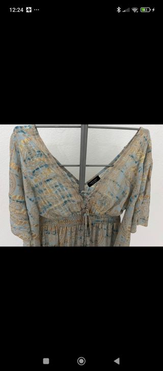 Vestido largo azul y dorado,satinado.