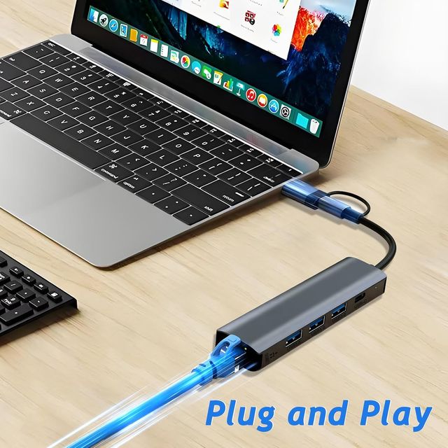 Adaptador de red USB-C a Ethernet 5 en 2 