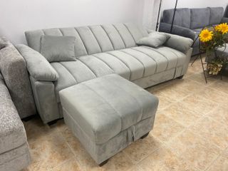 Sofa cama gris terciopelo + puff