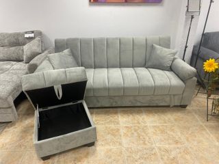 Sofa cama gris terciopelo + puff