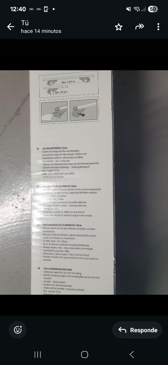 Baca Menabo Brio 120 cm aluminio con llave (nueva)