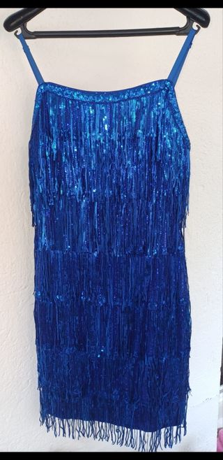 Vestido flecos azul L - Fiesta