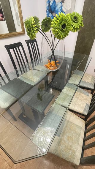 Mesa comedor+ mesa centro cristal+ 6 sillas tapiza