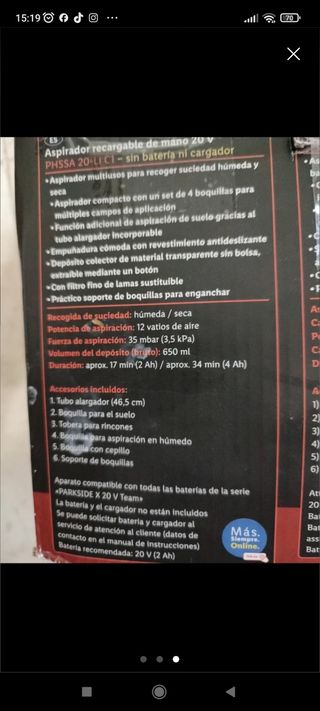 Aspirador recargable de Mano 20V