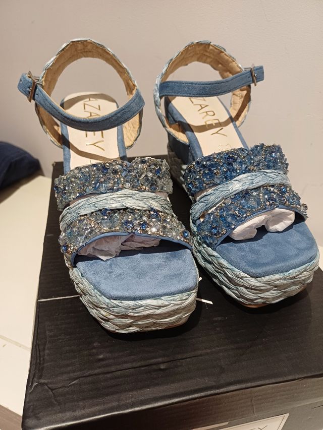 Sandalias Azarey azules cuña esparto