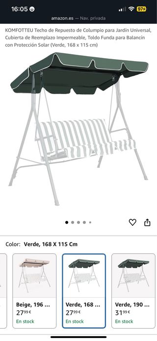 NUEVO Toldo Columpio Verde 168x115cm