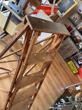 Escalera antigua alta biblioteca de madera. Pintor